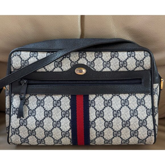 Gucci Handbags - Authentic Vintage Gucci Web Monogram Canvas Black Leather Crossbody Camera Bag